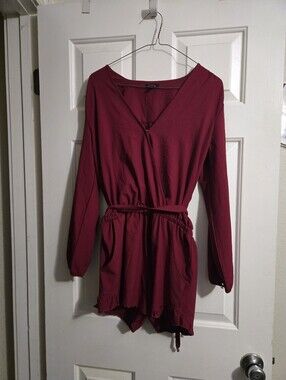 Women’s Long Sleeve V-Neck Romper in Red - Casual Elastic Waist